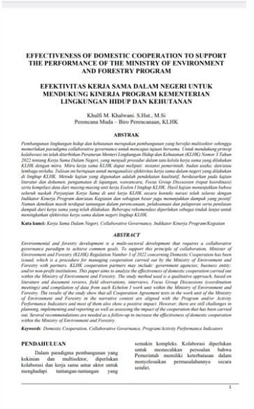 Cover Effectiveness of domestic cooperation to support the performance of the Ministry of environment and Forestry Program